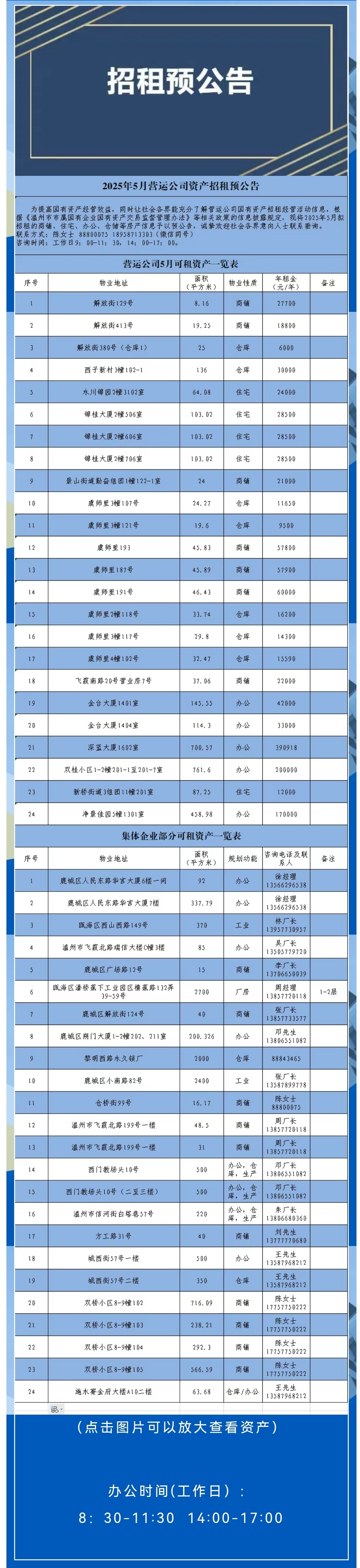 资产公告 | 2025年5月营运公司资产招租预公告