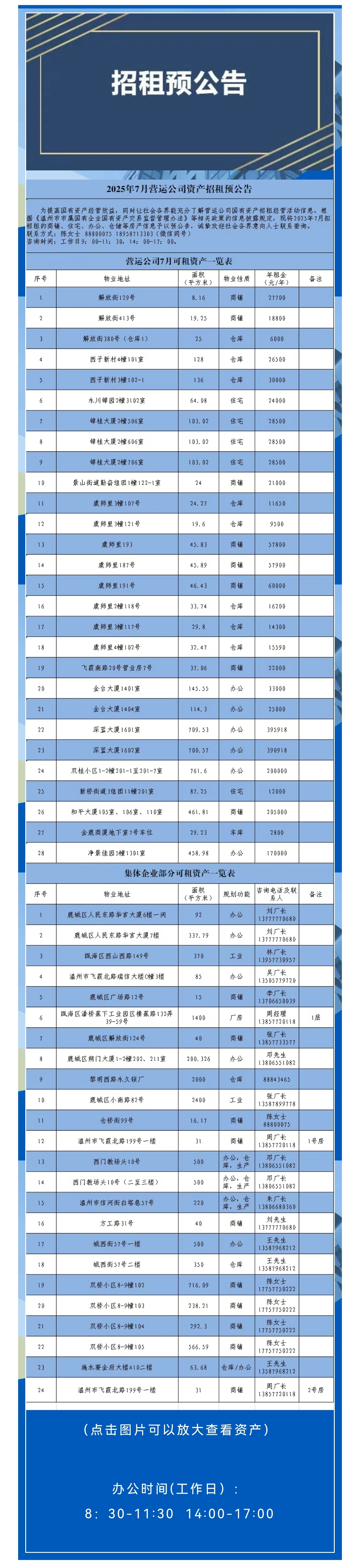 资产公告 | 2025年7月营运公司资产招租预公告