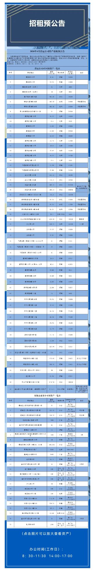 资产公告 | 2026年4月营运公司资产招租预公告